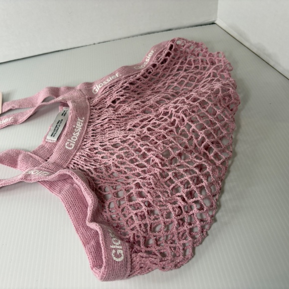 NEW Glossier Beauty Pink Mesh Twill Shopping Shoulder Bag Satchel Knit - Picture 5 of 8